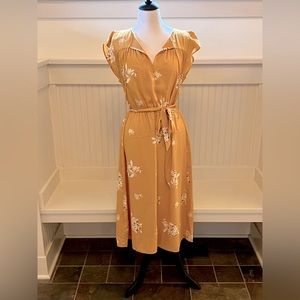 Loft midi dress. Yellow floral print, cap sleeves and drawstring waist.